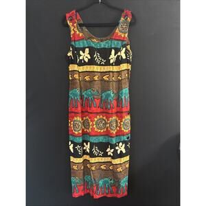 Vintage Midi Sheath Dress Floral Elephant Sz 14 Buttoned Summer Casual